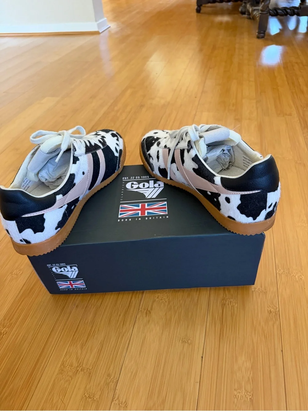 Gola Cow Print Trainer with Pink Stripes